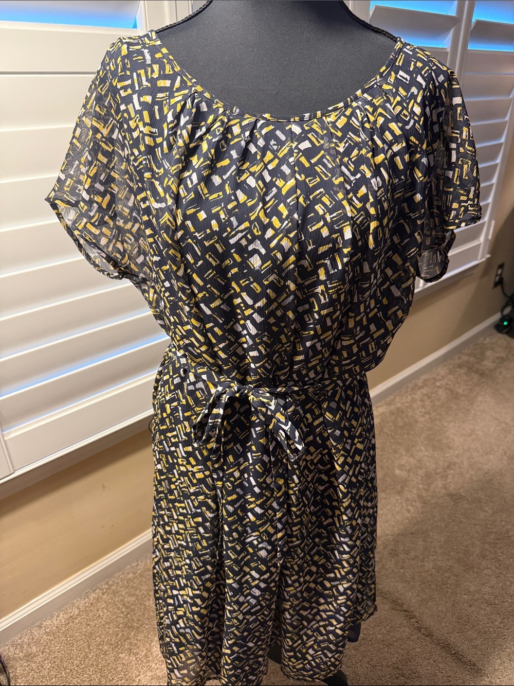 Dana Buchman Black Dress with Yellow & Light Gray Abstract Print, Tie-Waist Midi